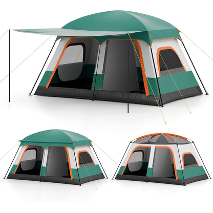 4-10 Person Camping Tent in Green Color with Porch and 2 Rooms for Backpacking
