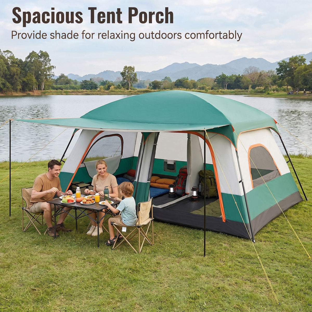 4-10 Person Camping Tent in Green Color with Porch and 2 Rooms for Backpacking
