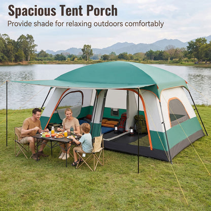 4-10 Person Camping Tent in Green Color with Porch and 2 Rooms for Backpacking