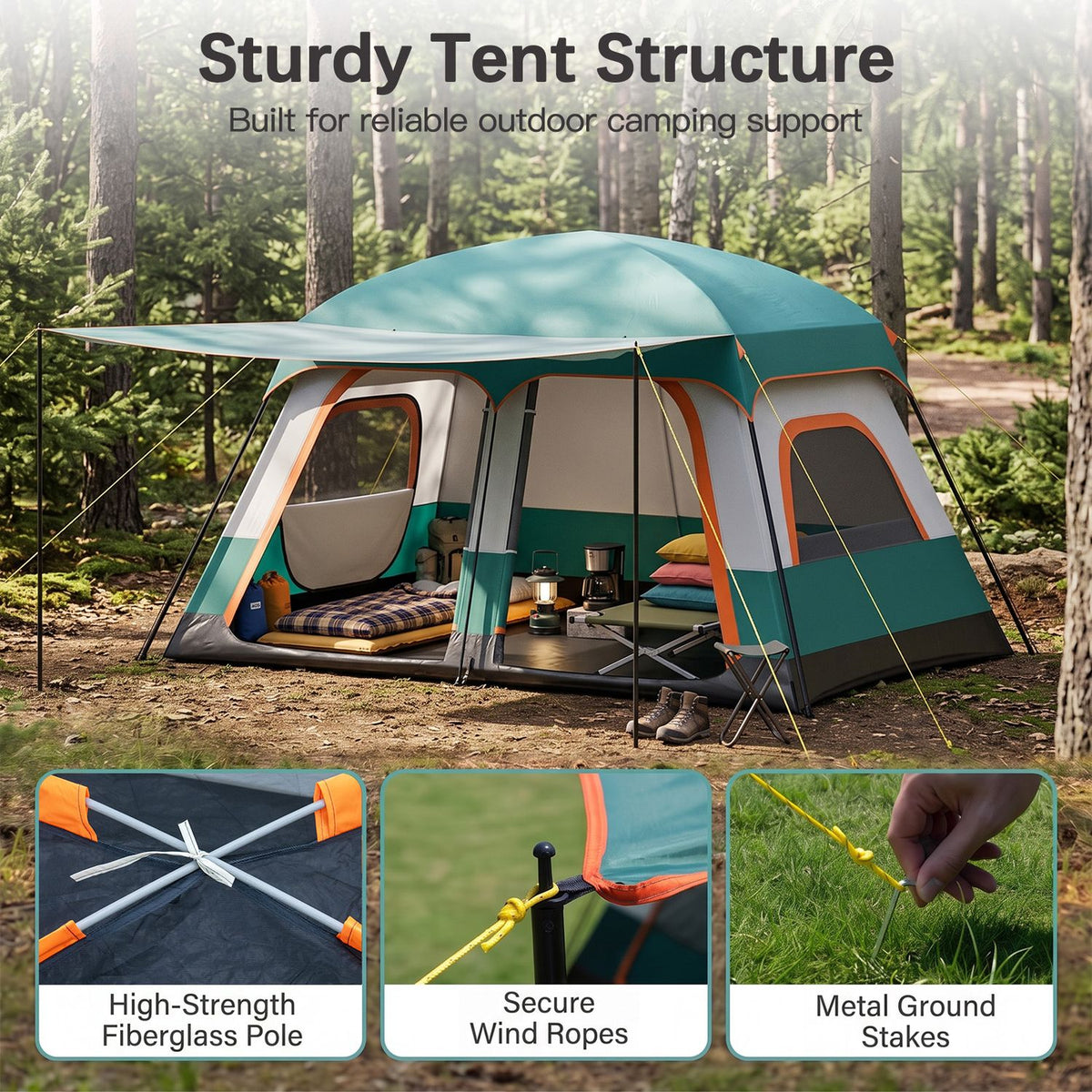 4-10 Person Camping Tent in Green Color with Porch and 2 Rooms for Backpacking