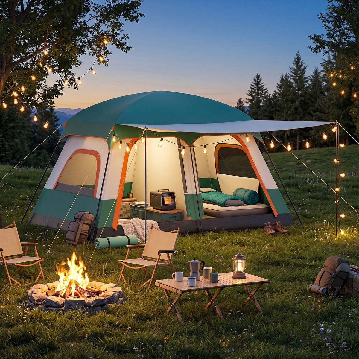 4-10 Person Camping Tent in Green Color with Porch and 2 Rooms for Backpacking