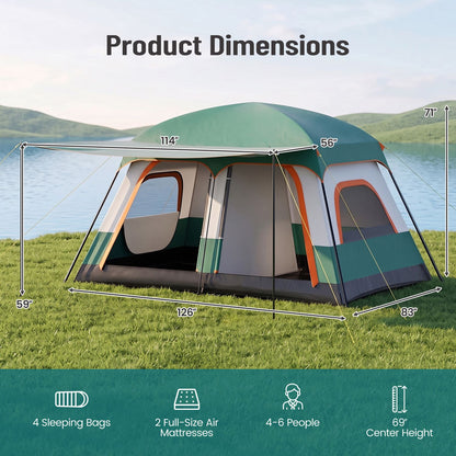 4-10 Person Camping Tent in Green Color with Porch and 2 Rooms for Backpacking