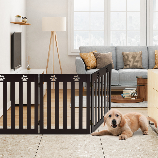 24 Inch Folding Wooden Freestanding Dog Gate with 360¬∞ Flexible Hinge for Pet-Dark Brown