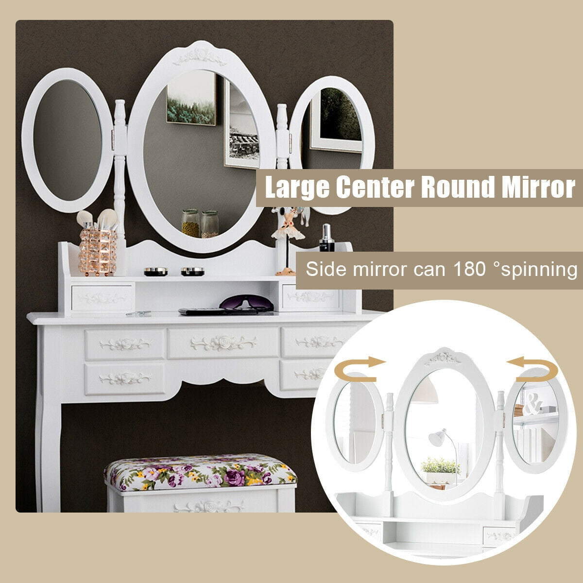 7 Drawer Tri-Folding Mirror Dressing Vanity Makeup Set-White