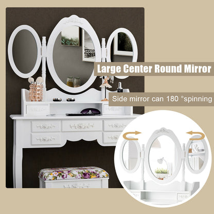 7 Drawer Tri-Folding Mirror Dressing Vanity Makeup Set-White