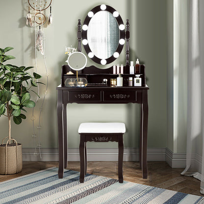 Makeup Dressing Table with Touch Switch Lighted Mirror and Cushioned Stool-White - Brown
