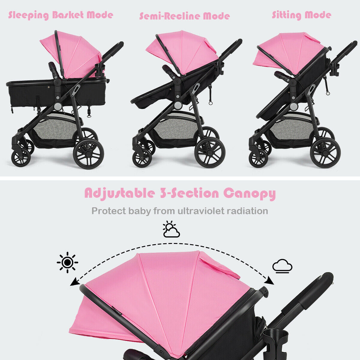 2-in-1 Foldable Pushchair Newborn Infant Baby Stroller-Pink - Pink