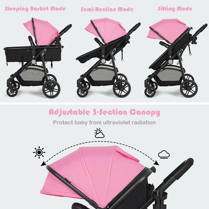 2-in-1 Foldable Pushchair Newborn Infant Baby Stroller-Pink - Pink