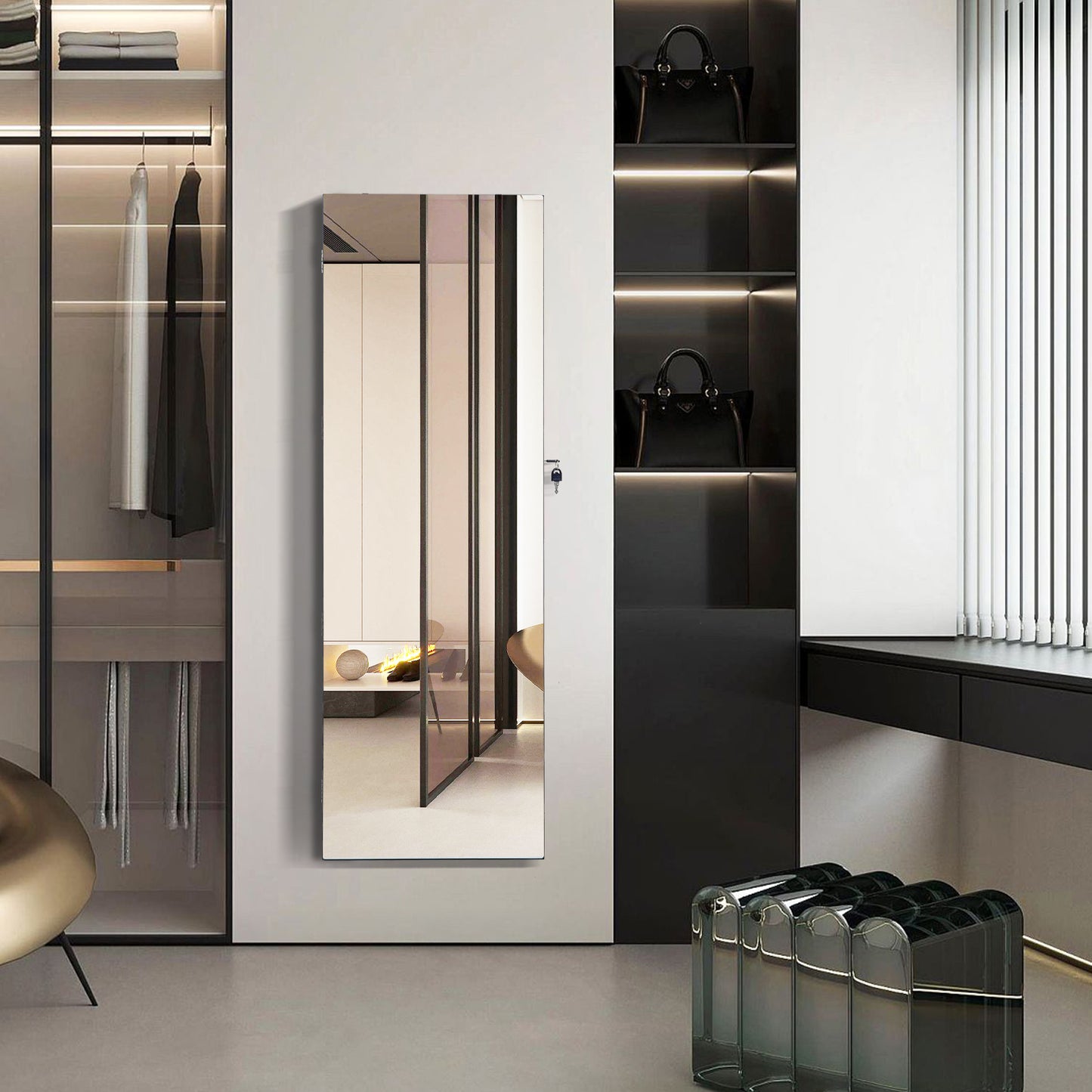 Lockable Storage Jewelry Cabinet with Frameless Mirror-Black