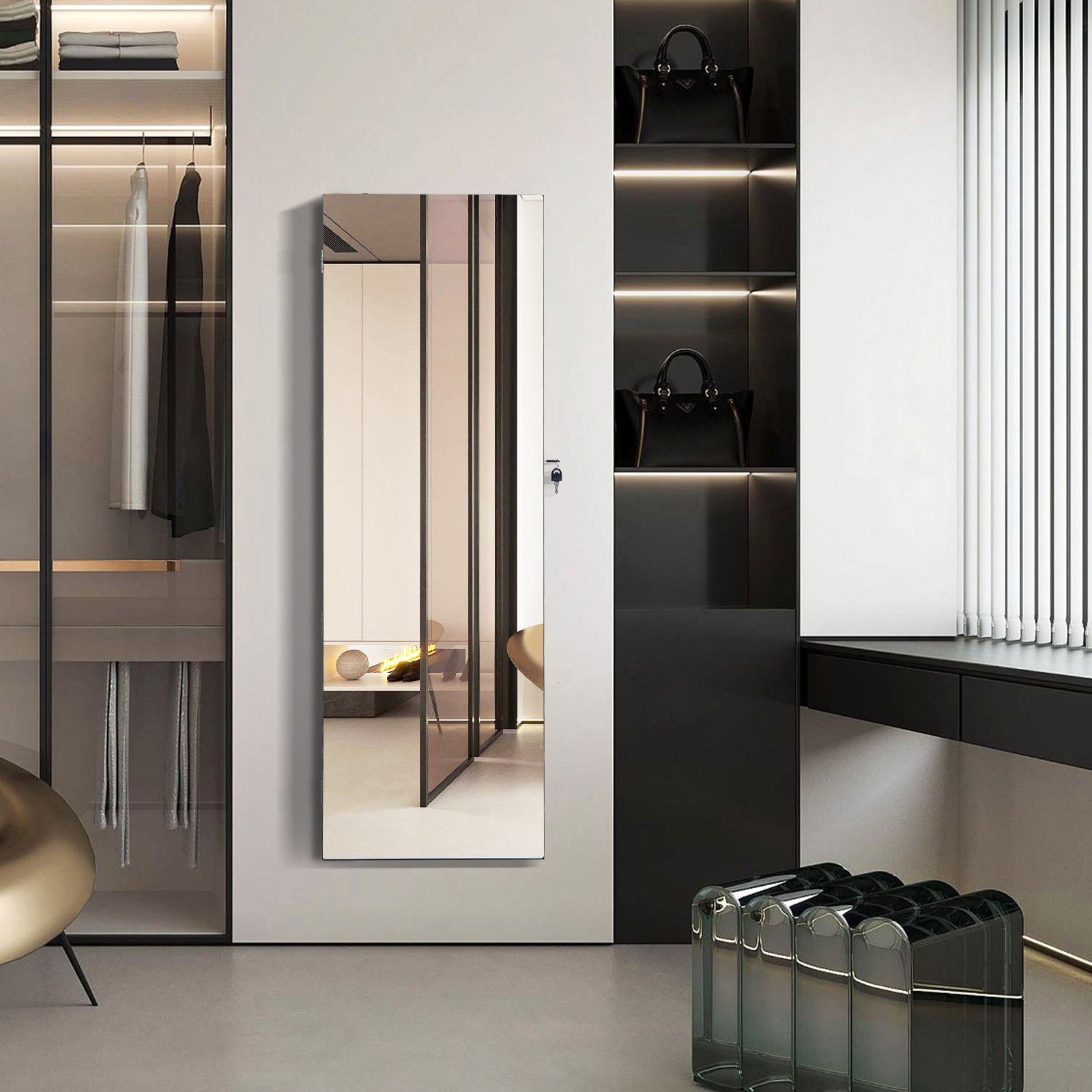 Lockable Storage Jewelry Cabinet with Frameless Mirror-Black