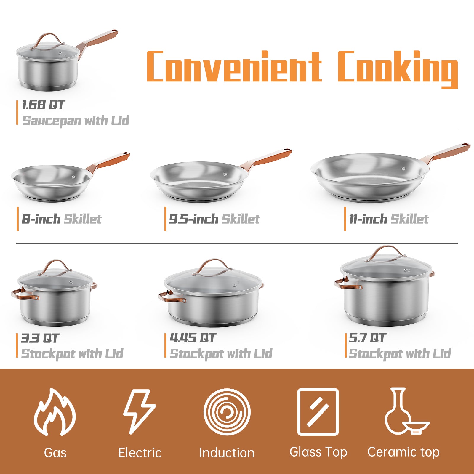 11 Pieces Stainless Steel Kitchen Cookware Set with Gold Stay-Cool Handles