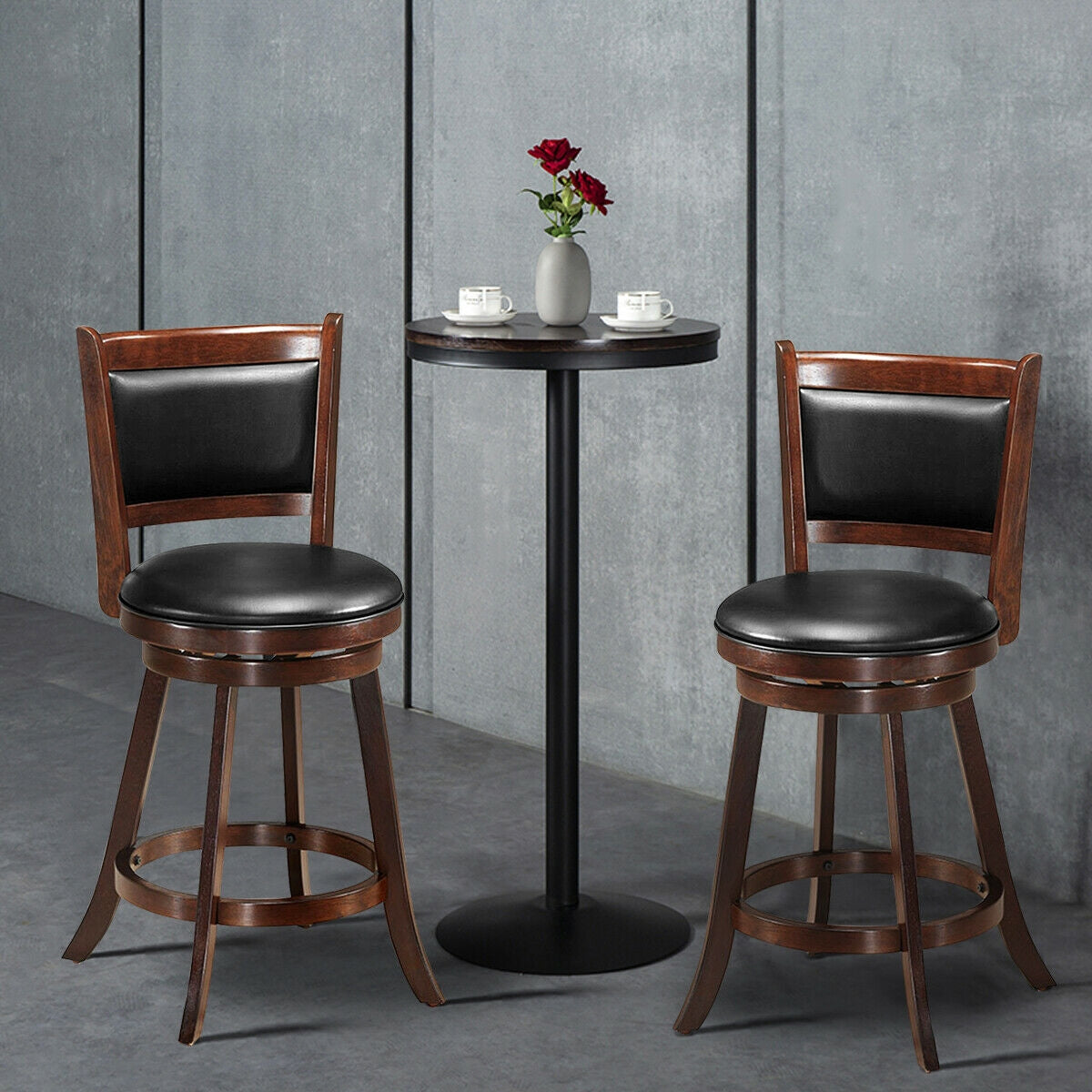 24 Inch Wooden Upholstered Swivel Counter Height Stool Dining Chair