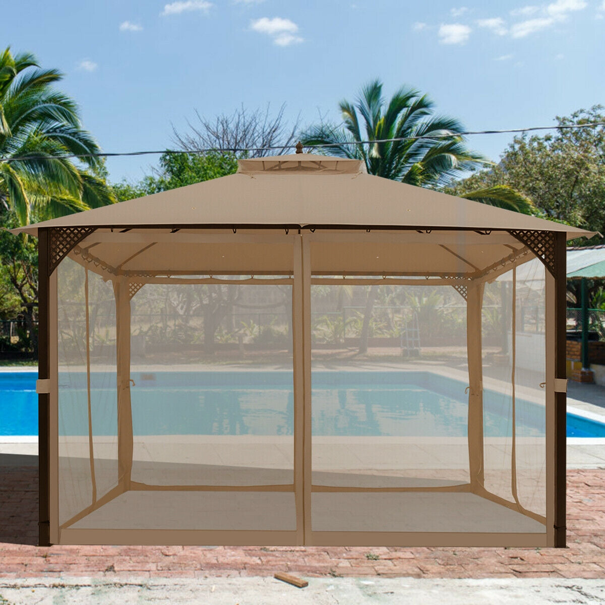 12 x 10 Feet Outdoor Double Top Patio Gazebo with Netting-Brown - Brown