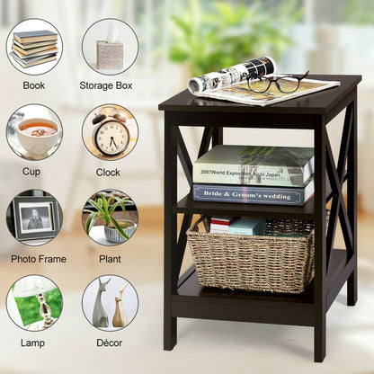 3-Tier Nightstand End Table with X Design Storage -Dark Brown