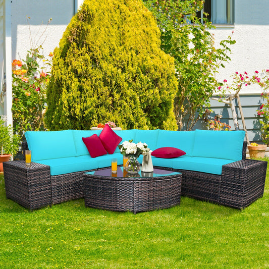 6 Piece Wicker Patio Sectional Sofa Set with Tempered Glass Coffee Table