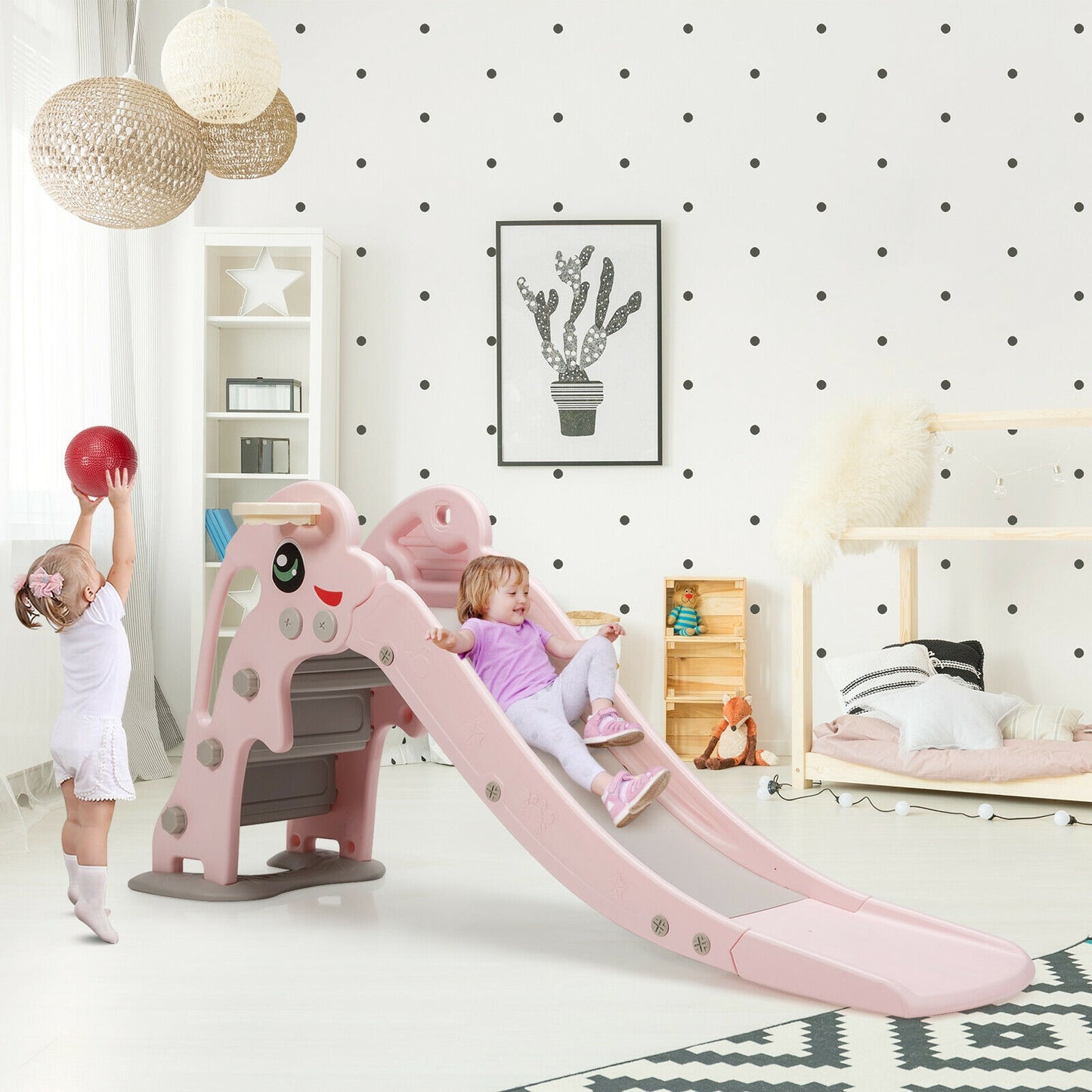 3-in-1 Kids Climber Slide Play Set with Basketball Hoop and Ball-Pink