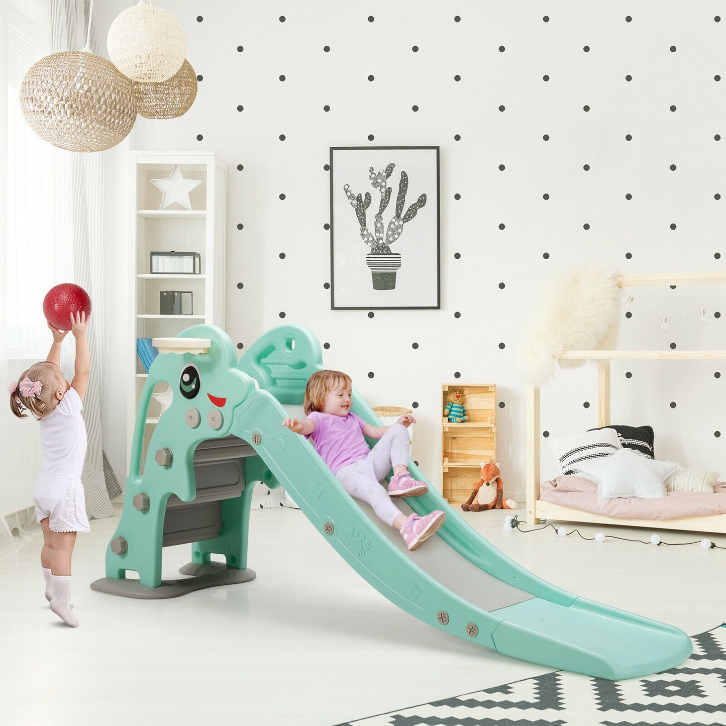 3-in-1 Kids Climber Slide Play Set with Basketball Hoop and Ball-Green
