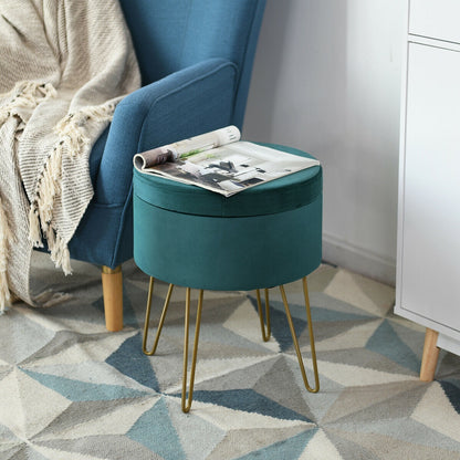 Round Velvet Storage Ottoman Footrest Stool Vanity Chair with Metal Legs-Dark Green