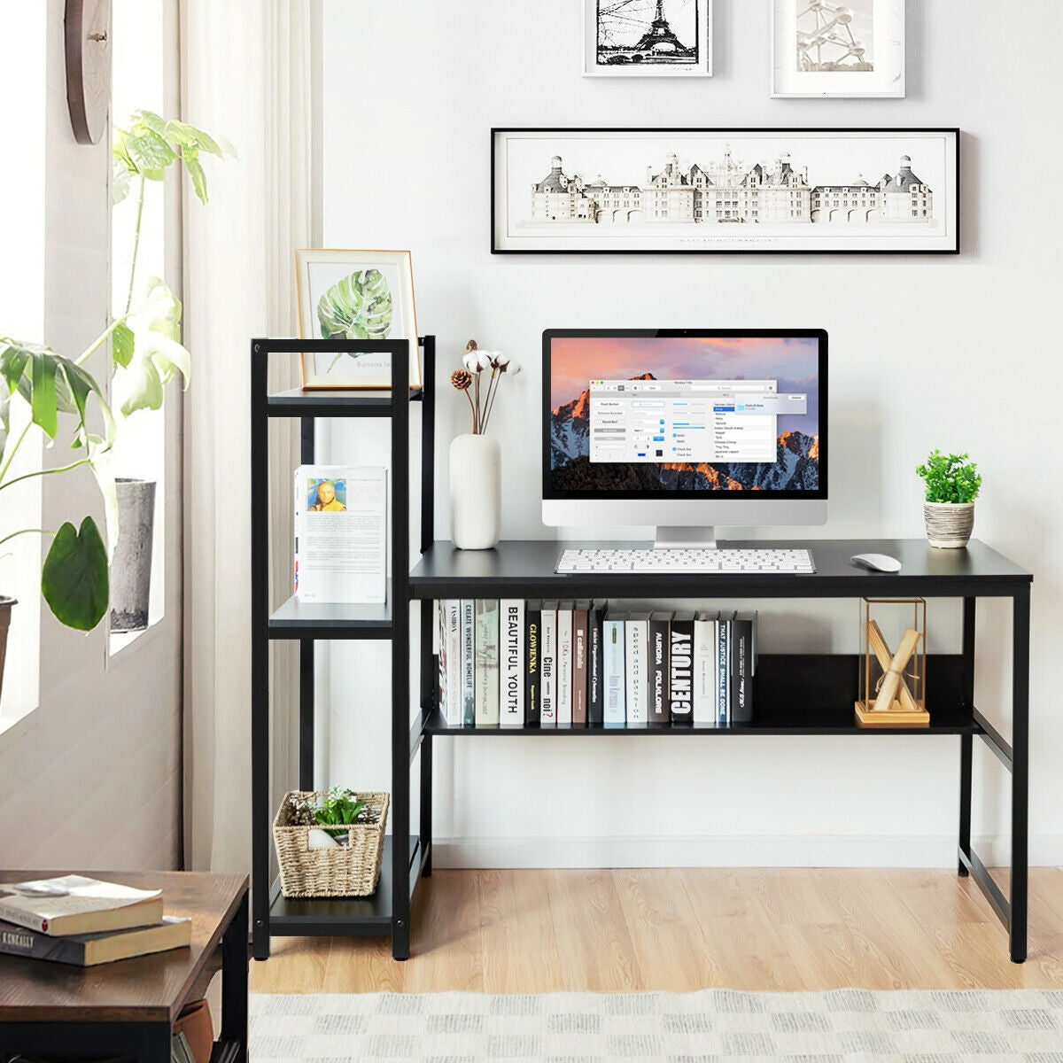59-Inch Computer Desk Home Office Workstation 4-Tier Storage Shelves-Black