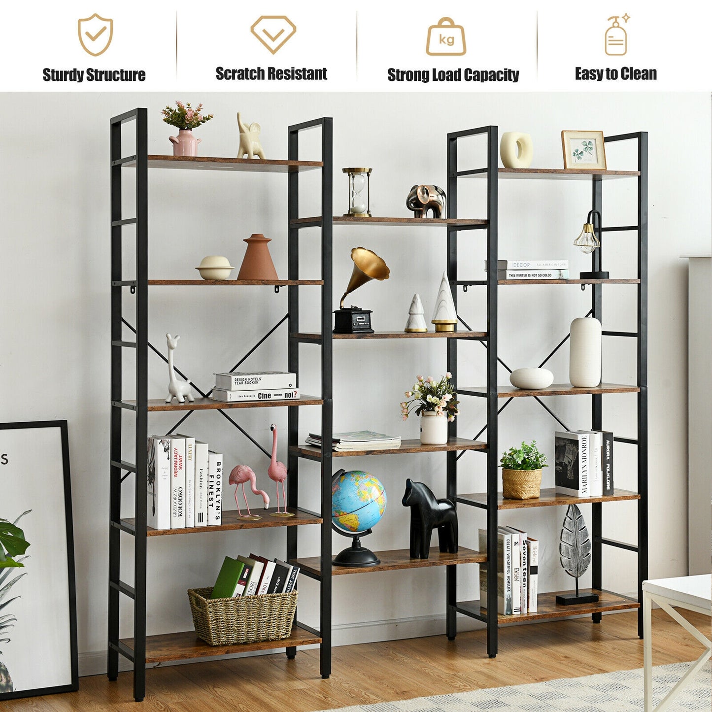 Vintage Triple Wide 5-Tier Bookcase Large Bookshelf Display Storage Shelf-Brown