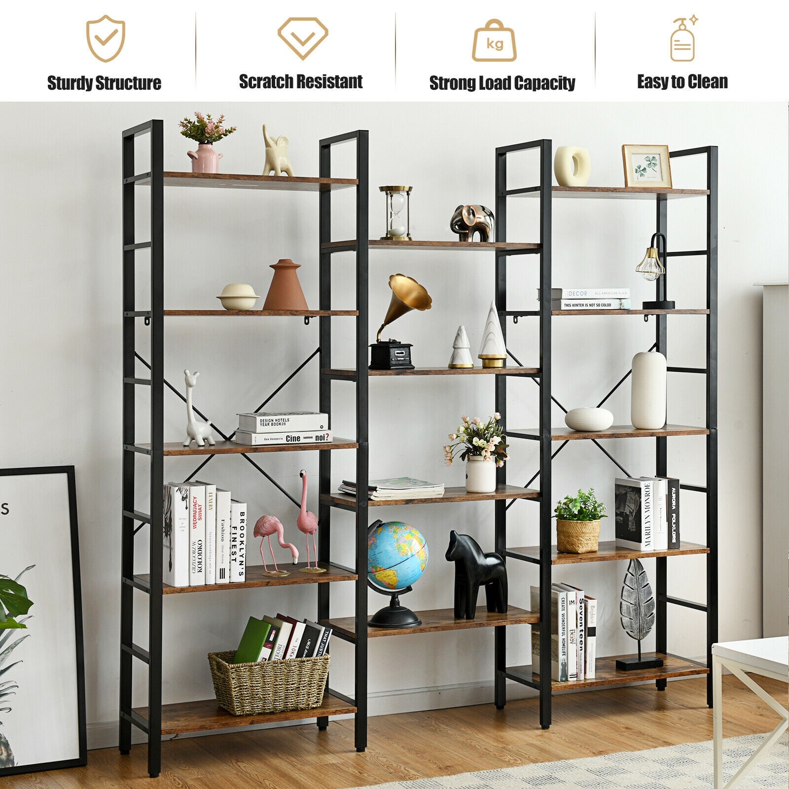 Vintage Triple Wide 5-Tier Bookcase Large Bookshelf Display Storage Shelf-Brown
