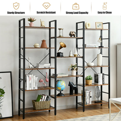 Vintage Triple Wide 5-Tier Bookcase Large Bookshelf Display Storage Shelf-Brown