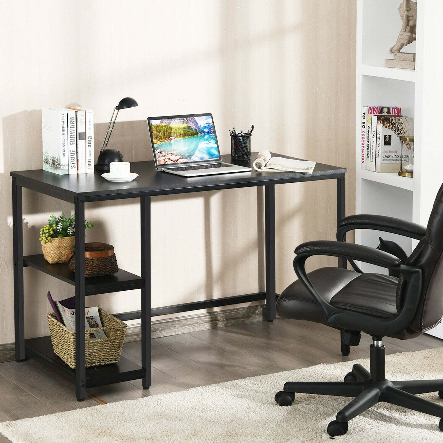 47 Inch Computer Desk Office Study Table Workstation Home with Adjustable Shelf Black-M