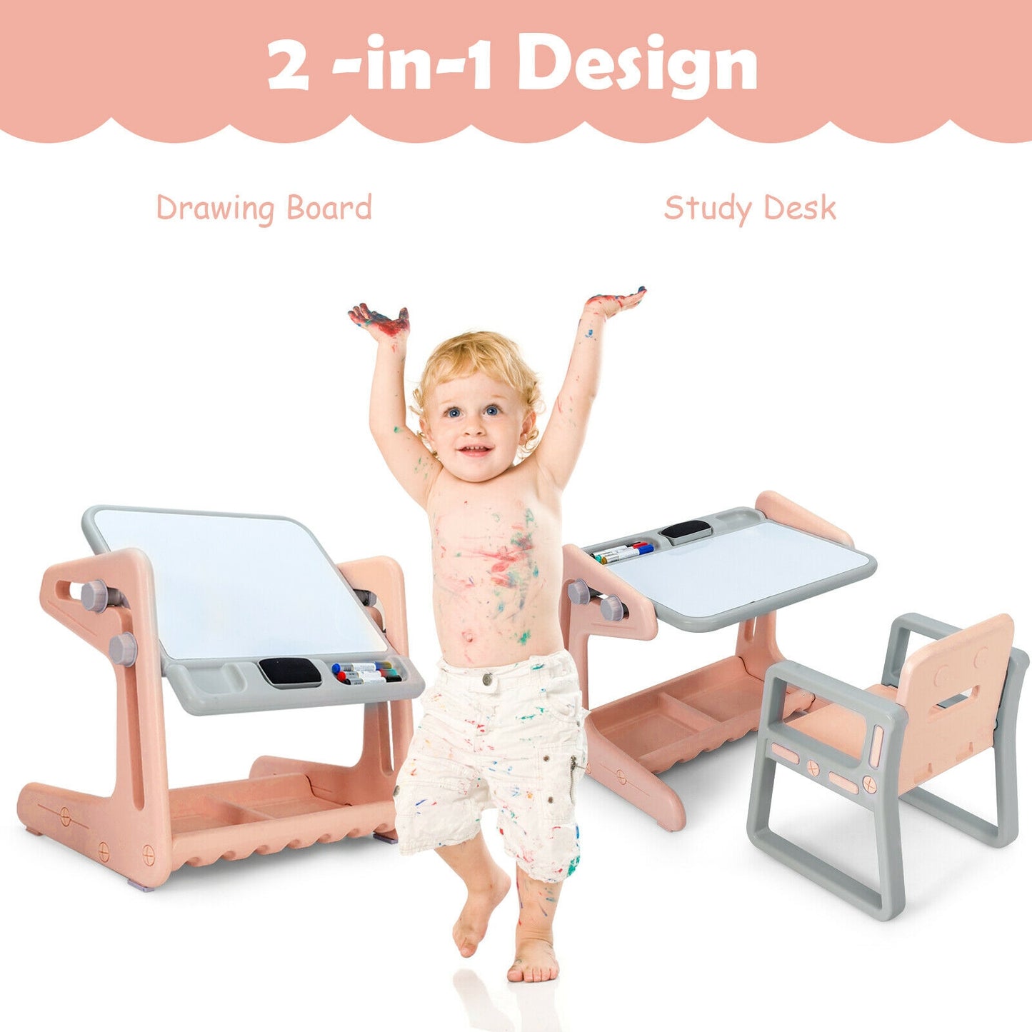 2 in 1 Kids Easel Table and Chair Set with Adjustable Art Painting Board-Pink