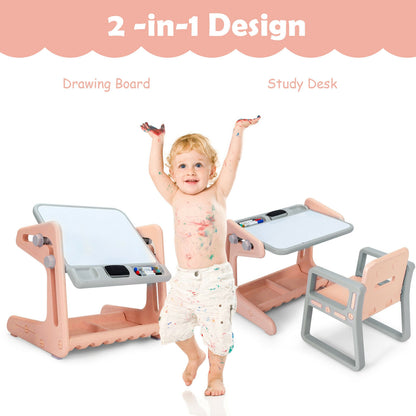 2 in 1 Kids Easel Table and Chair Set with Adjustable Art Painting Board-Pink
