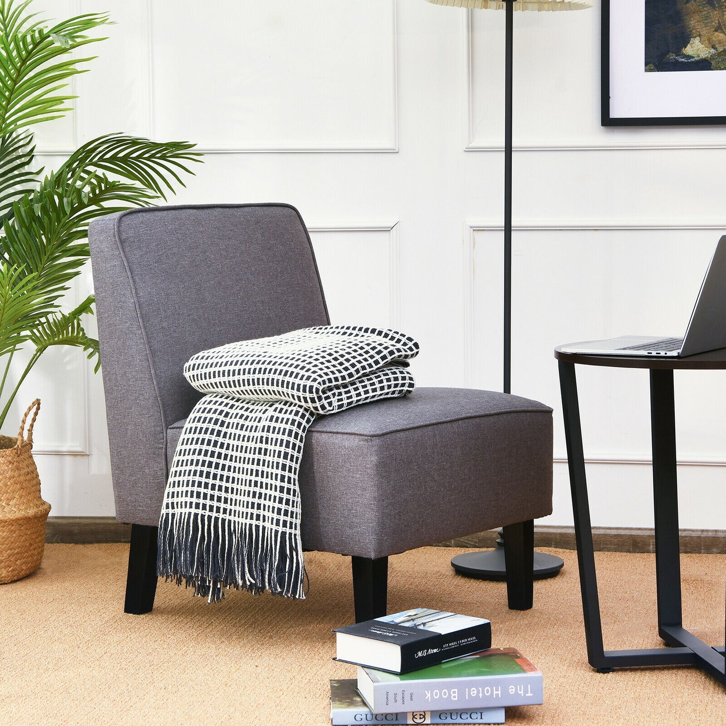 Modern Armless Accent Sofa Chair with Rubber Wood Legs -Gray
