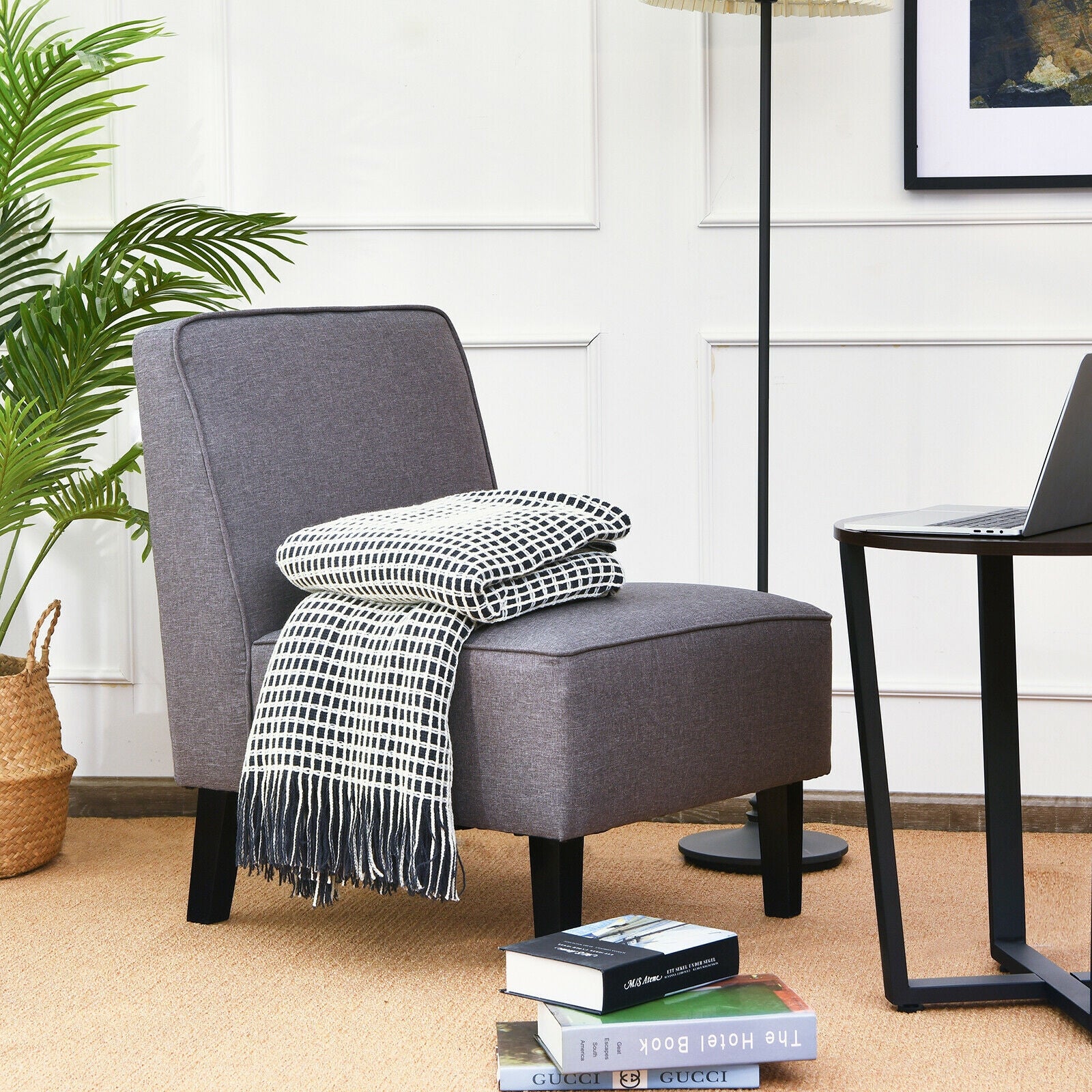 Modern Armless Accent Sofa Chair with Rubber Wood Legs -Gray