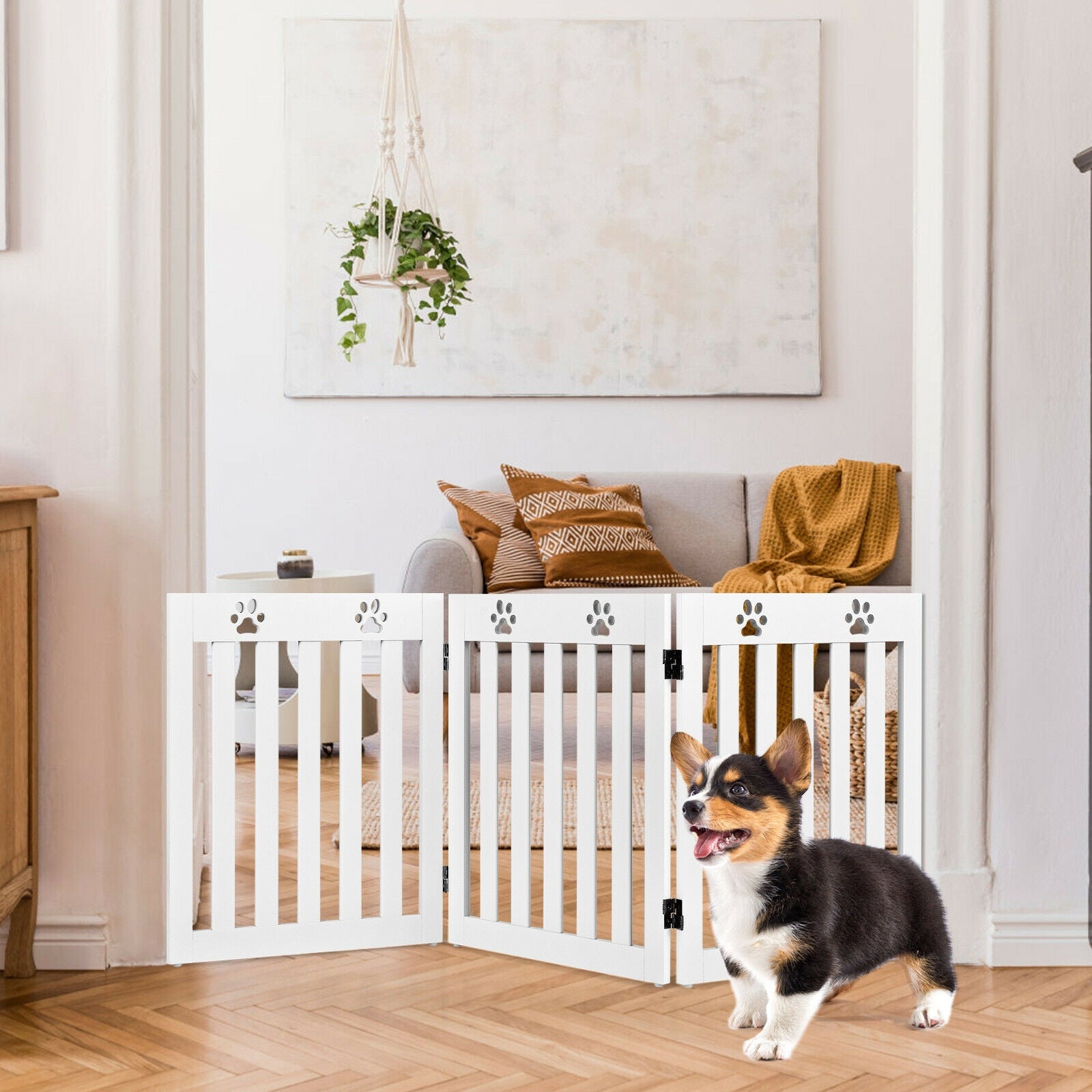 24 Inch Folding Wooden Freestanding Dog Gate with 360¬∞ Flexible Hinge for Pet-White