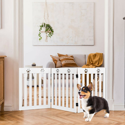 24 Inch Folding Wooden Freestanding Dog Gate with 360¬∞ Flexible Hinge for Pet-White