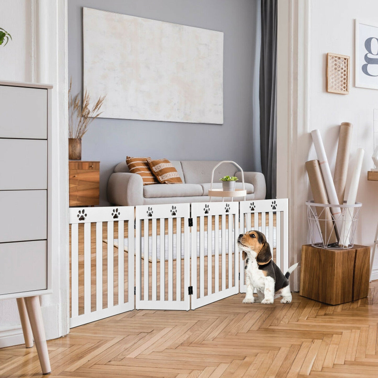 24 Inch Folding Wooden Freestanding Pet Gate Dog Gate with 360¬∞ Hinge -White