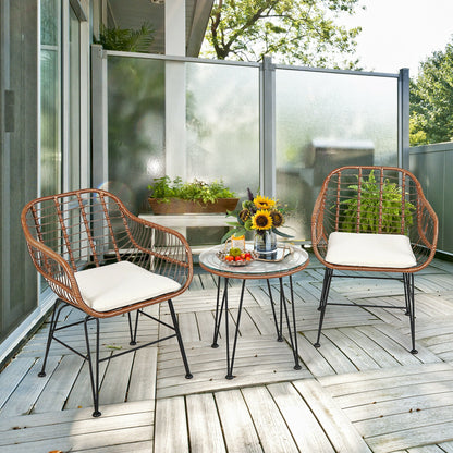 3-Piece Rattan Bistro Set with Cushions and Glass Table