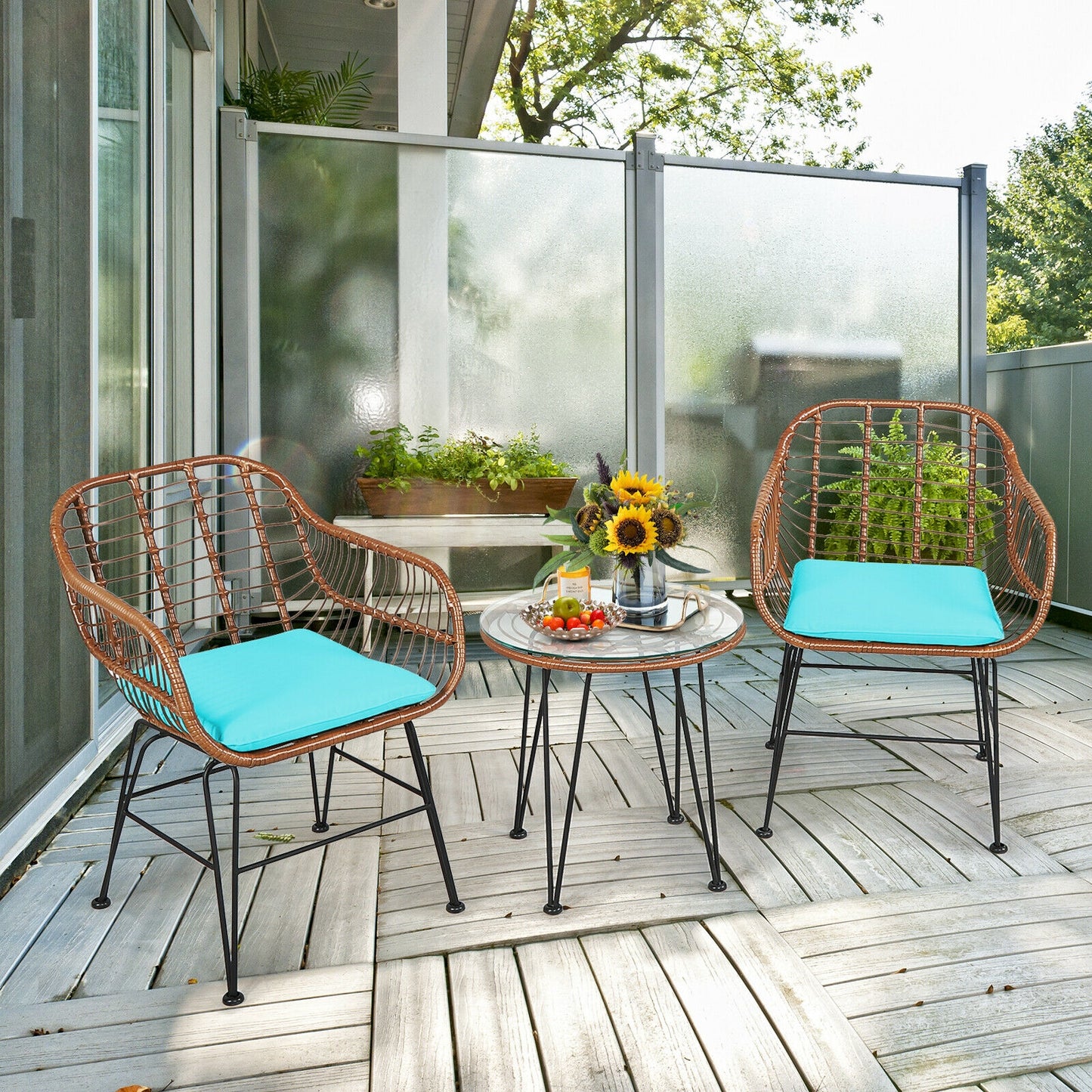 3-Piece Rattan Bistro Set with Cushions and Glass Table
