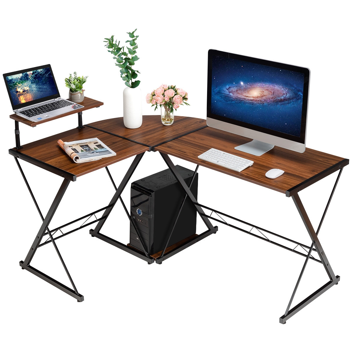 L-Shaped Desk Reversible Corner Computer Desk with Movable Shelf and CPU Stand-Walnut