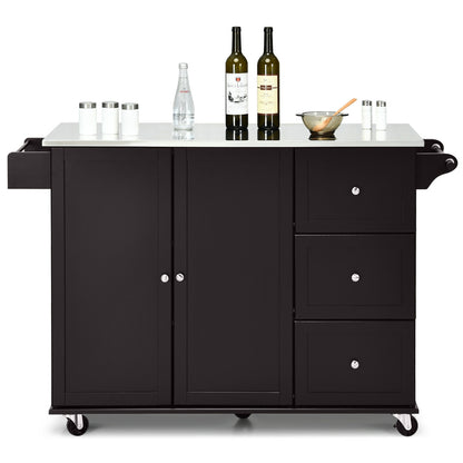 Kitchen Island 2-Door Storage Cabinet with Drawers and Stainless Steel Top-Dark Brown