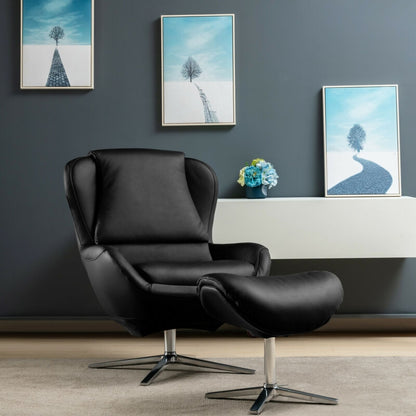 360¬∞ ¬†Swivel Leather Lounge Chair with Ottoman and Aluminum Alloy Base-Black