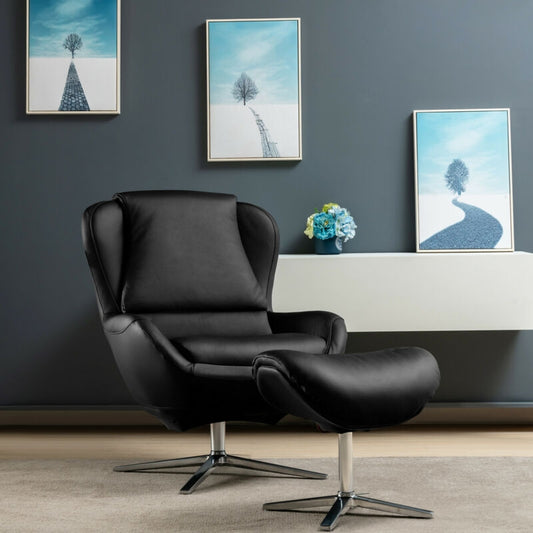 360¬∞ ¬†Swivel Leather Lounge Chair with Ottoman and Aluminum Alloy Base-Black