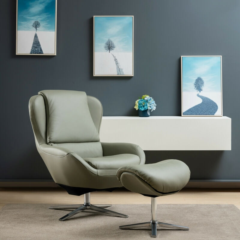 360¬∞ ¬†Swivel Leather Lounge Chair with Ottoman and Aluminum Alloy Base-Gray