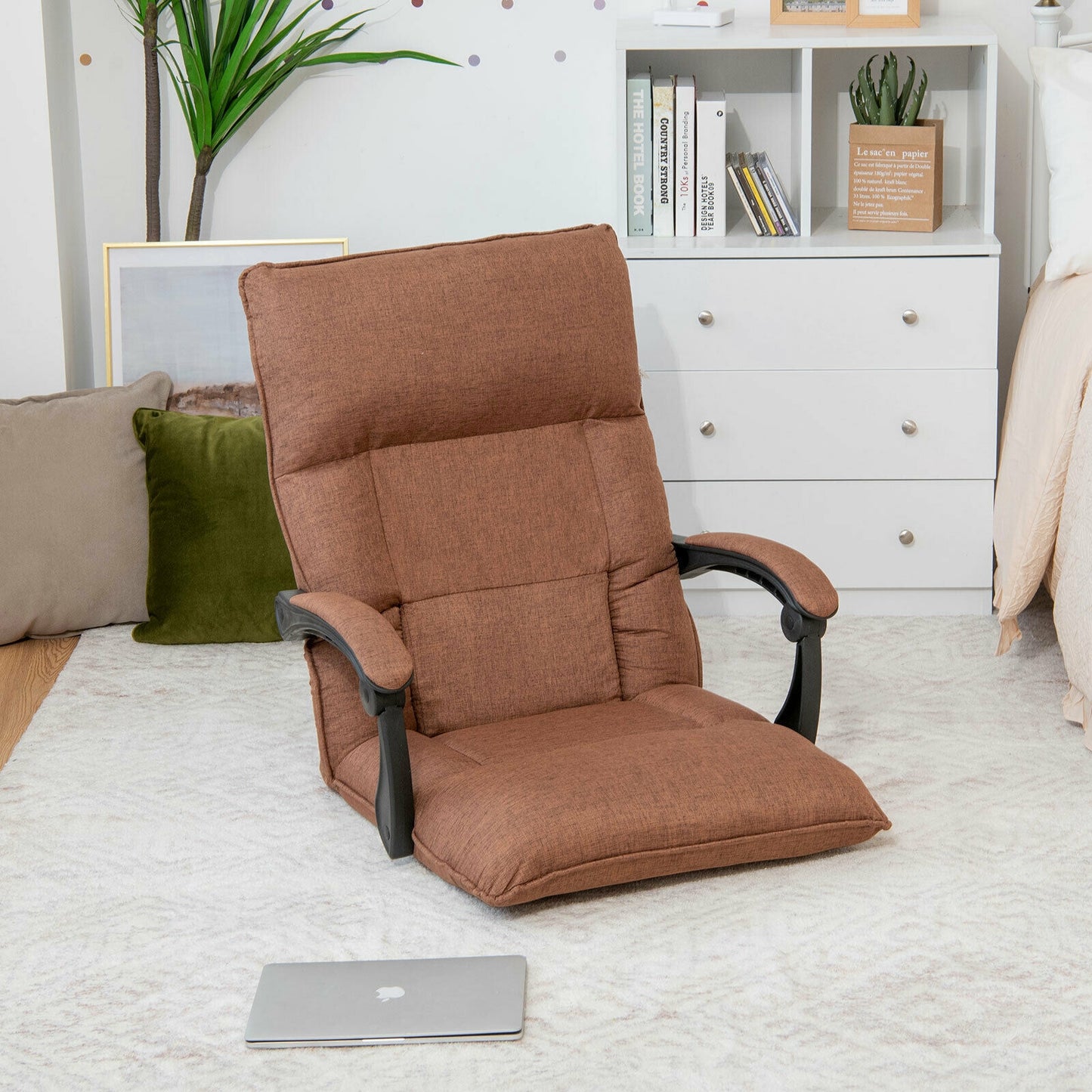 14-Position Adjusting Lazy Sofa Chair with Waist Pillow and Armrests-Coffee