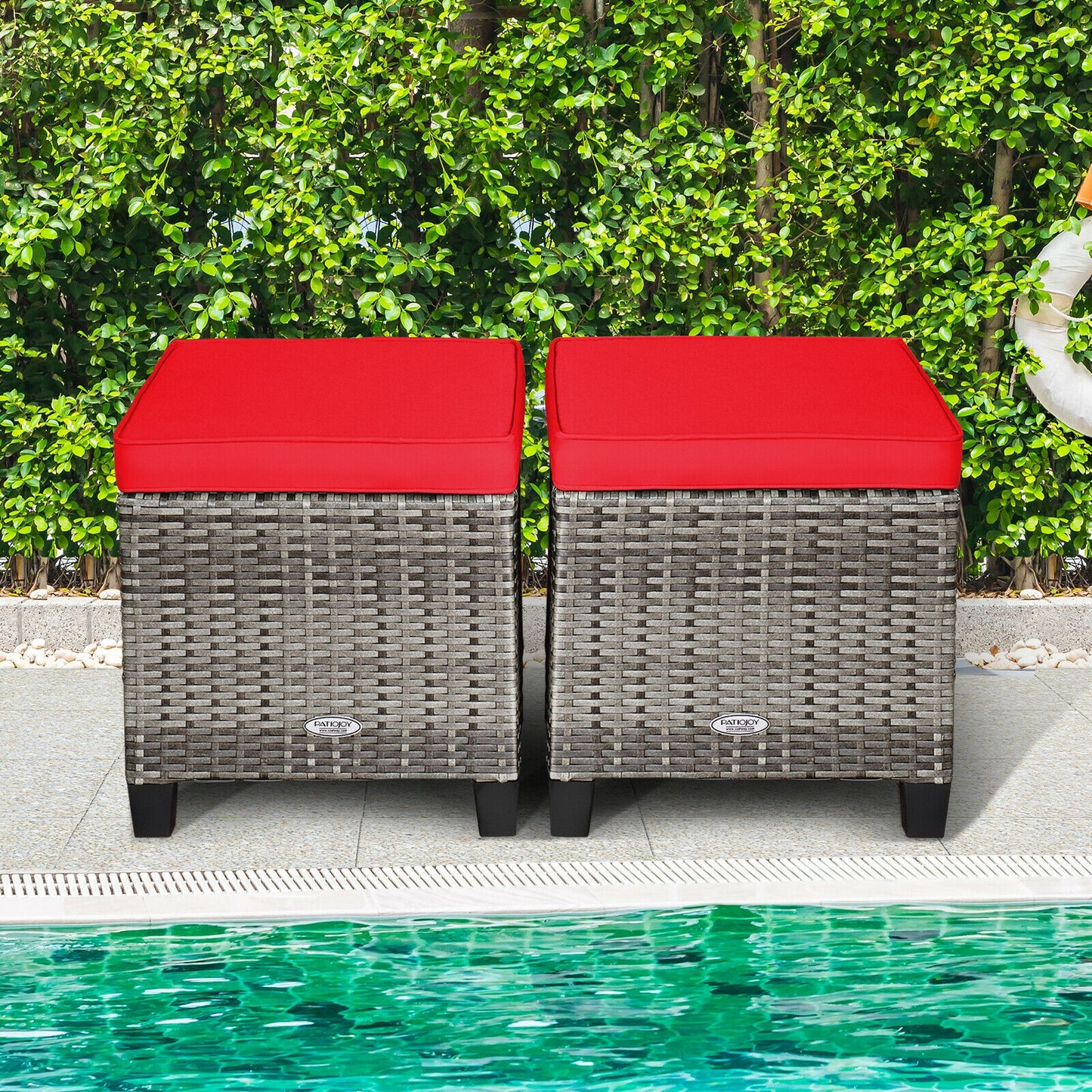 2 Pieces Patio Rattan Ottoman Seat with Removable Cushions-Navy