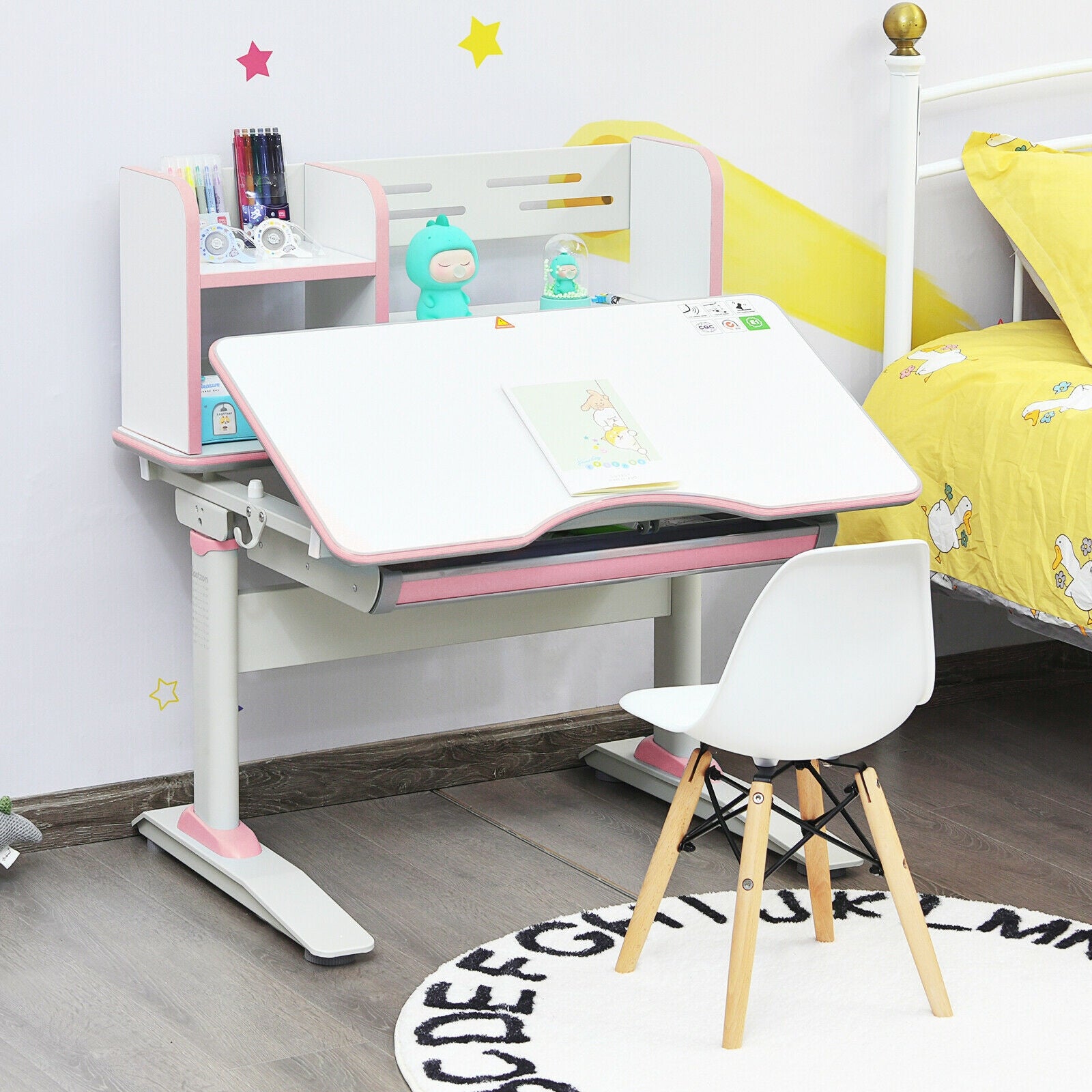 Kids Multifunctional Writing Desk with Tilt Desktop and Book Shelf-Pink