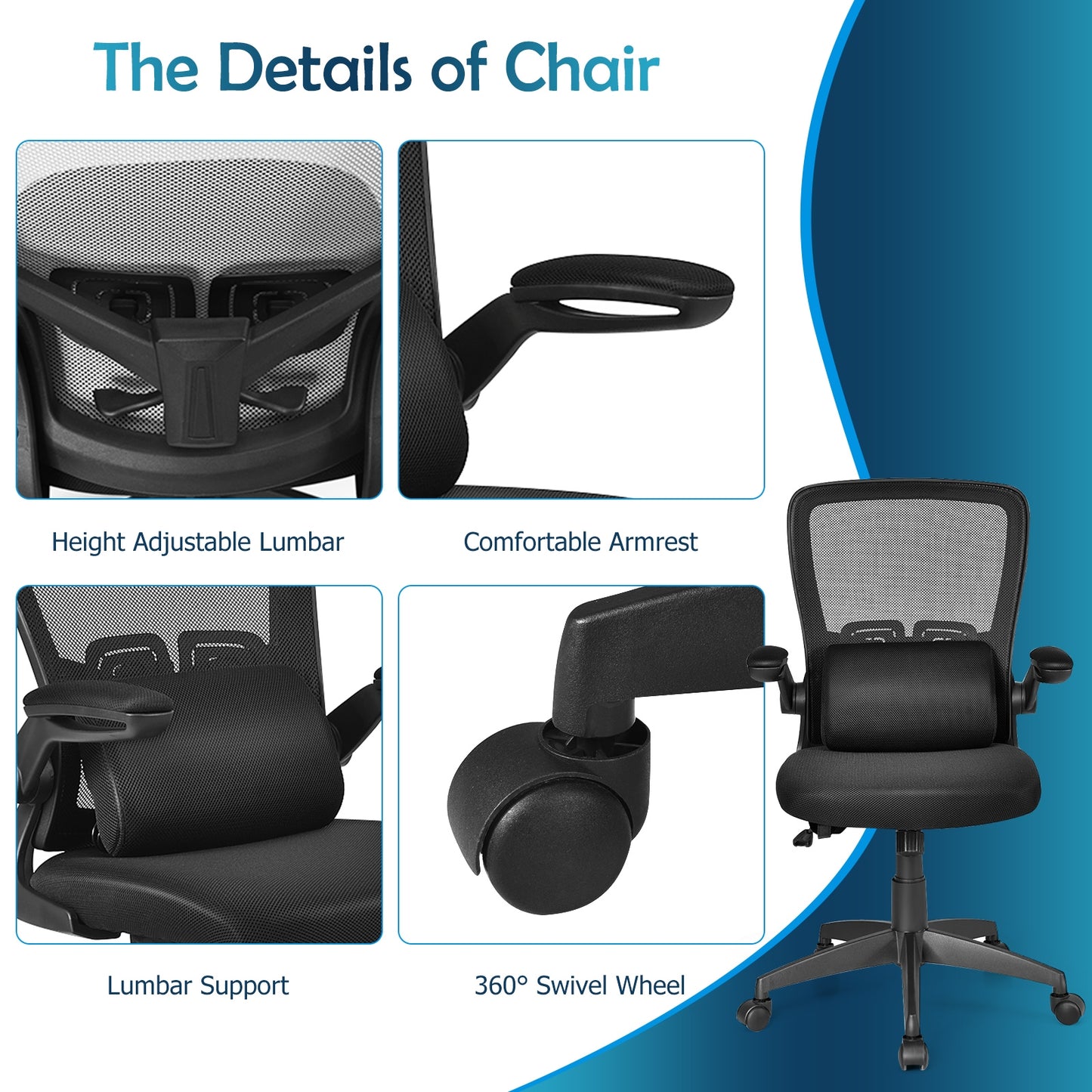 Ergonomic Desk Chair with Lumbar Support and Flip up Armrest-Black