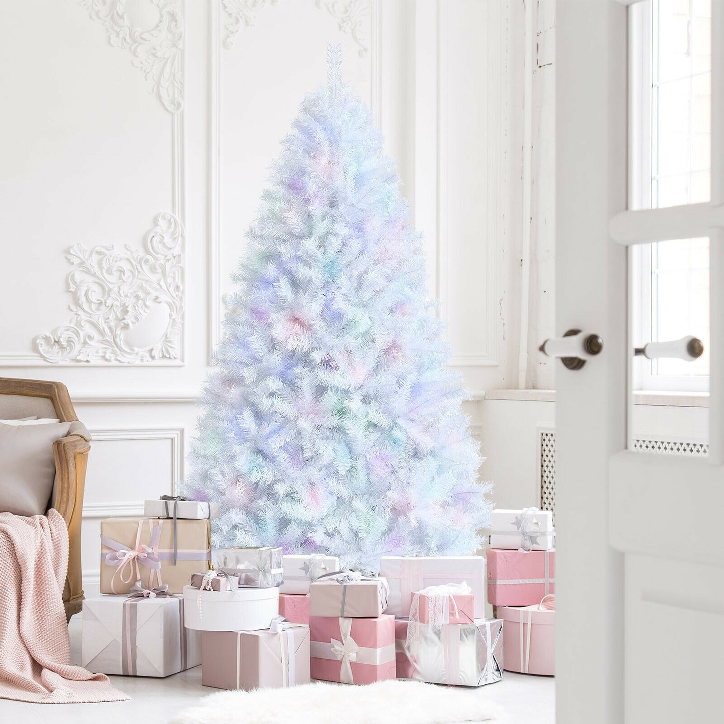 7 Feet White Iridescent Tinsel Artificial‚ÄÇChristmas Tree with Metal Stand