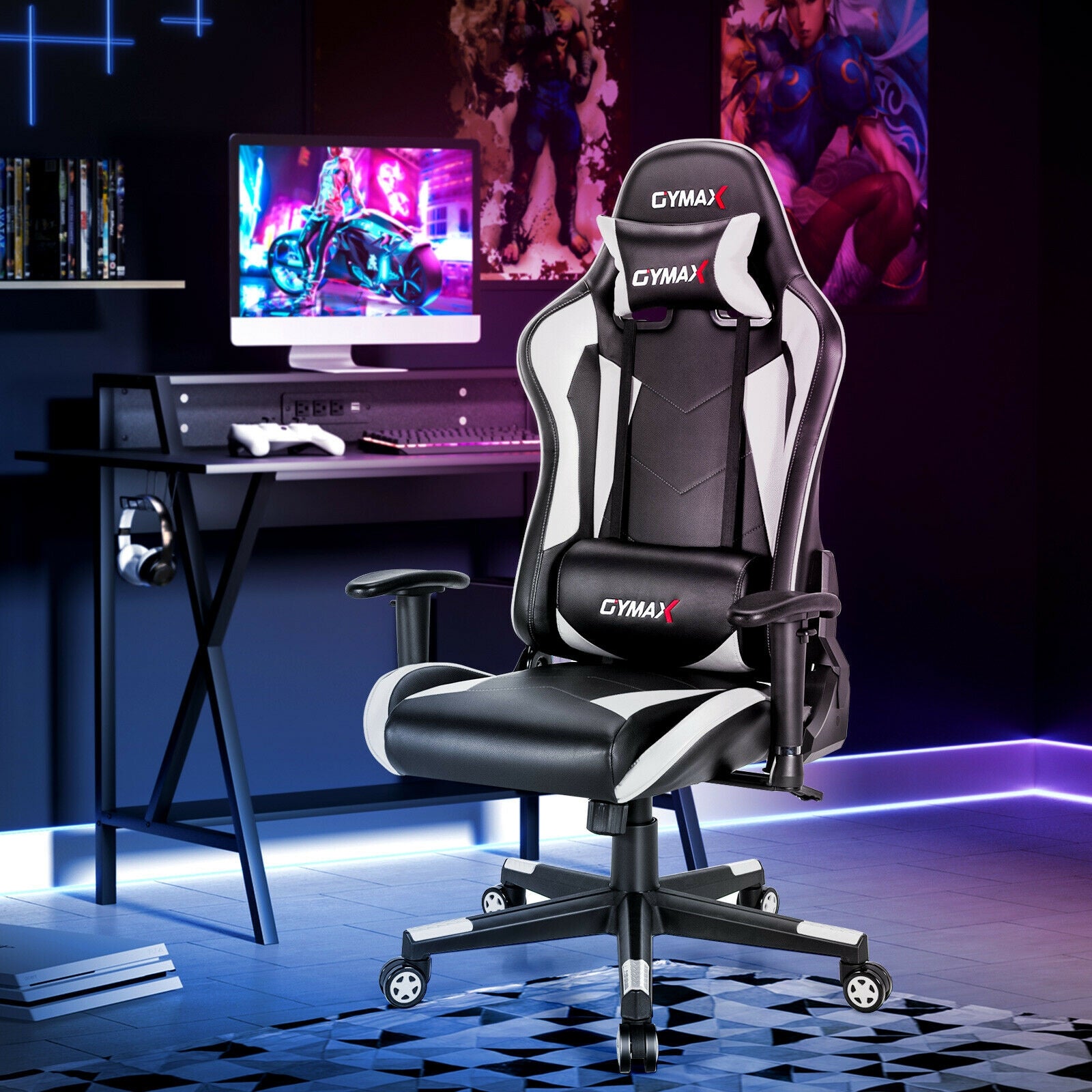 Gaming Chair Adjustable Swivel Racing Style Computer Office Chair-White
