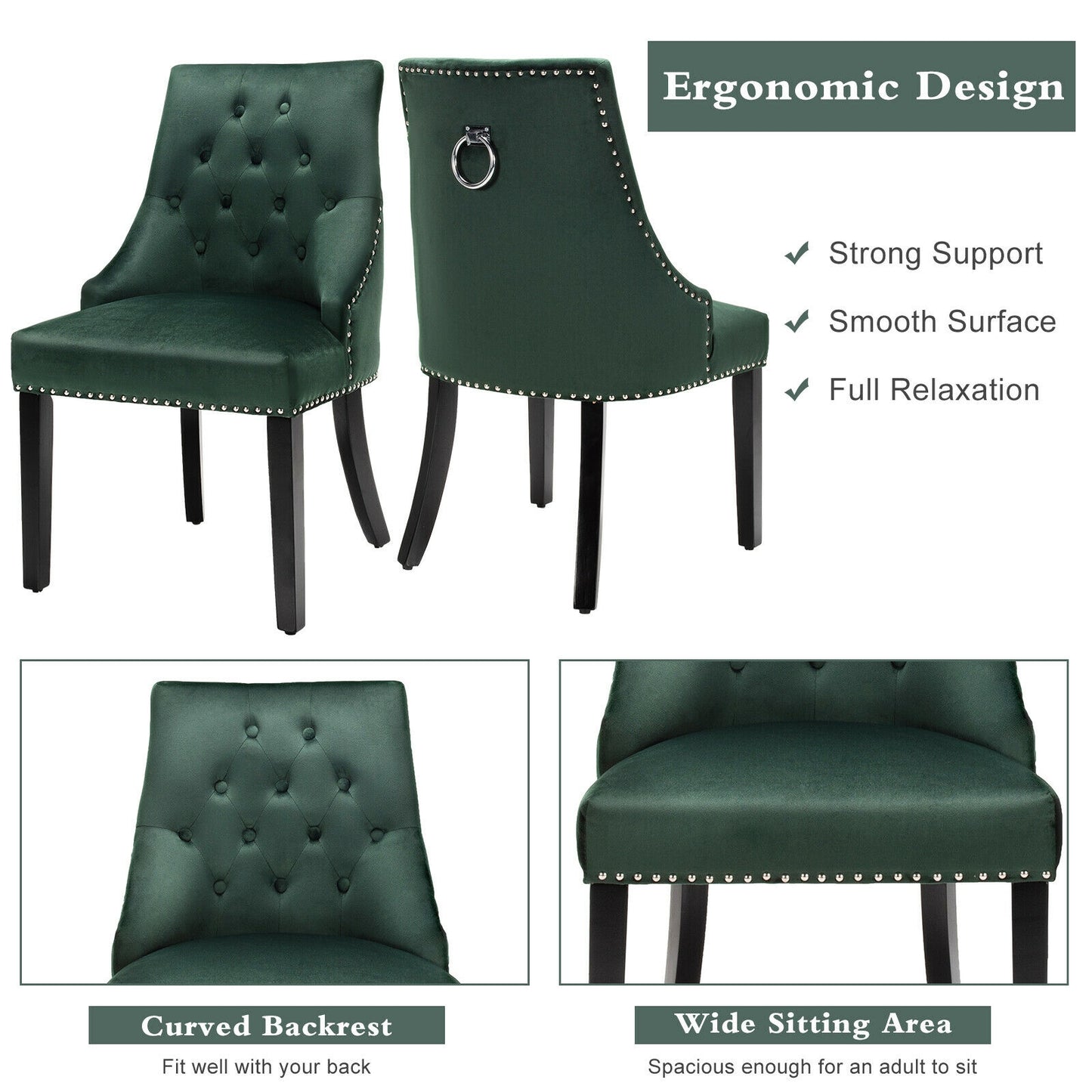 Modern Upholstered Button-Tufted Dining Chair with Naild Trim-Dark Green