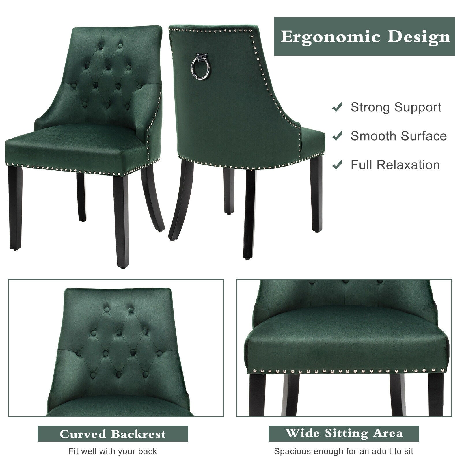 Modern Upholstered Button-Tufted Dining Chair with Naild Trim-Dark Green