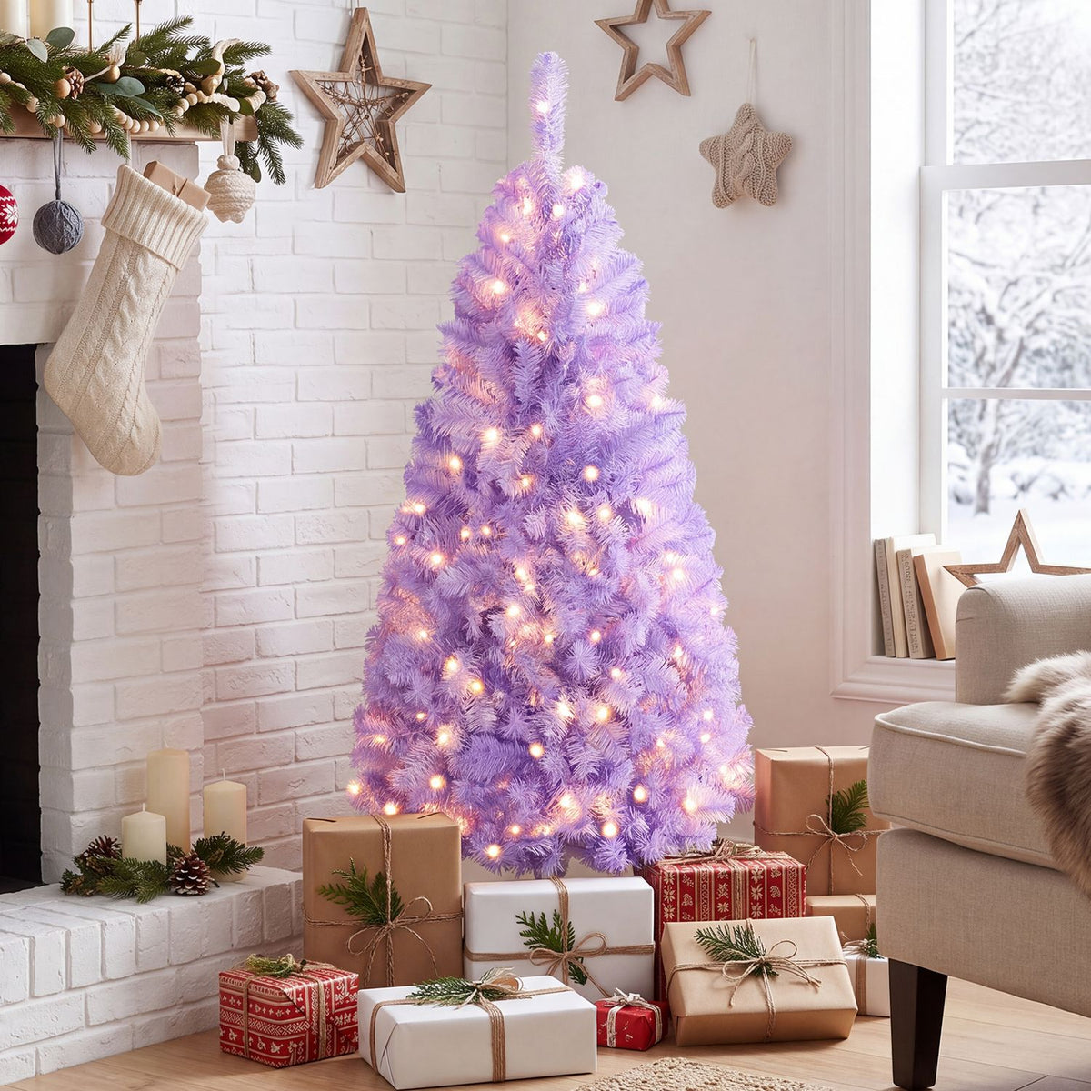 6 FT Light Purple Pre-Lit Peacock Blue Christmas Tree with 250 Warm White LED Lights